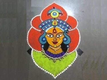 On the fifth day, create a rangoli design inspired by the goddess Skandamata (pinterest) On the fifth day, create a rangoli design inspired by the goddess Skandamata (pinterest)