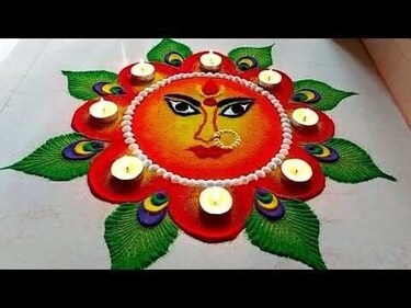 Create a rangoli pattern in honour of the goddess Kushmanda on the fourth day. (pinterest) Create a rangoli pattern in honour of the goddess Kushmanda on the fourth day. (pinterest)