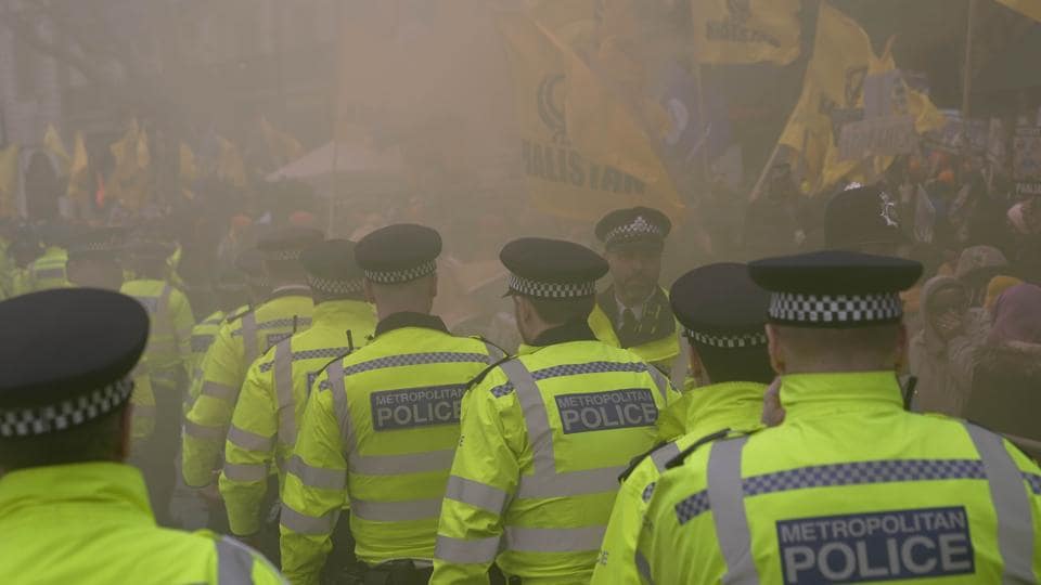 Police officers block protestors of the Khalistan movement during a demonstration outside of the Indian High Commission in London, Wednesday (AP File) Police officers block protestors of the Khalistan movement during a demonstration outside of the Indian High Commission in London, Wednesday (AP File)