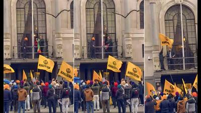 A combination of pictures show Khalistani elements attempting to pull down the Indian flag but the flag was rescued by the Indian security personnel at the High Commission of India in London on March 19 (ANI File Photo)