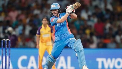 Initially, an unbeaten knock of 72 runs off 38 balls by Nat Sciver-Brunt helped MI post 182/4 in 20 overs, setting a target of 183 runs. (Women's Premier League (WPL) Twi) Initially, an unbeaten knock of 72 runs off 38 balls by Nat Sciver-Brunt helped MI post 182/4 in 20 overs, setting a target of 183 runs. (Women's Premier League (WPL) Twi)