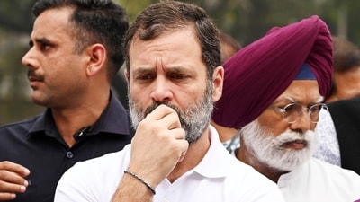 Gandhi faces the risk of not being able to contest the next general election due in 2024 if his conviction is not suspended or overturned, or the sentence is not reduced by a higher court. (Sanjeev Verma/HT) Gandhi faces the risk of not being able to contest the next general election due in 2024 if his conviction is not suspended or overturned, or the sentence is not reduced by a higher court. (Sanjeev Verma/HT)