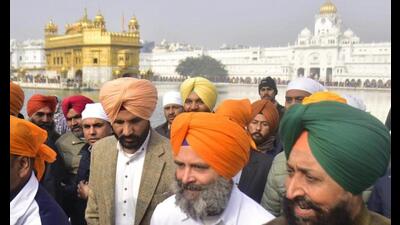 Congress leader Rahul Gandhi with Punjab unit leaders Partap Singh Bajwa (green turban) and Amarinder Singh Raja Warring during his Bharat Jodo Yatra in the state in January. (Sameer Sehgal/HT file) Congress leader Rahul Gandhi with Punjab unit leaders Partap Singh Bajwa (green turban) and Amarinder Singh Raja Warring during his Bharat Jodo Yatra in the state in January. (Sameer Sehgal/HT file)