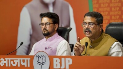 Union Ministers Dharmendra Pradhan and Anurag Thakur during a press conference, at BJP headquarters in New Delhi (PTI) Union Ministers Dharmendra Pradhan and Anurag Thakur during a press conference, at BJP headquarters in New Delhi (PTI)