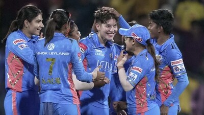 Navi Mumbai: Mumbai Indians Issy Wong with teammates celebrates the wicket of UP Warriorz's Sophie Ecclestoneduring the 2023 Women's Premier League (WPL) Twenty20 cricket match between Mumbai Indians and UP Warriorz at DY Patil Stadium in Navi Mumbai, Friday, March 24, 2023. (PTI Photo/Kunal Patil)(PTI03_24_2023_000345A) (PTI) Navi Mumbai: Mumbai Indians Issy Wong with teammates celebrates the wicket of UP Warriorz's Sophie Ecclestoneduring the 2023 Women's Premier League (WPL) Twenty20 cricket match between Mumbai Indians and UP Warriorz at DY Patil Stadium in Navi Mumbai, Friday, March 24, 2023. (PTI Photo/Kunal Patil)(PTI03_24_2023_000345A) (PTI)