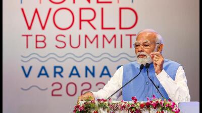 Prime Minister Narendra Modi addresses the ‘One World TB Summit’ at Rudrakash Convention Centre, in Varanasi. (PTI) Prime Minister Narendra Modi addresses the ‘One World TB Summit’ at Rudrakash Convention Centre, in Varanasi. (PTI)