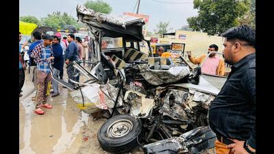 The mangled remains of the vehicle in which the teachers were travelling after it collided with a bus in Ferozepur district on Friday. (HT Photo)