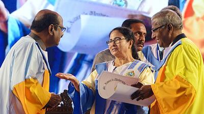 West Bengal governor CV Ananda Bose interacts with chief minister Mamata Banerjee and John Felix Raj, Vice Chancellor, St. Xavier's University, Kolkata during the 4th Convocation Ceremony of St. Xavier's University. (ANI FIle Photo) West Bengal governor CV Ananda Bose interacts with chief minister Mamata Banerjee and John Felix Raj, Vice Chancellor, St. Xavier's University, Kolkata during the 4th Convocation Ceremony of St. Xavier's University. (ANI FIle Photo)