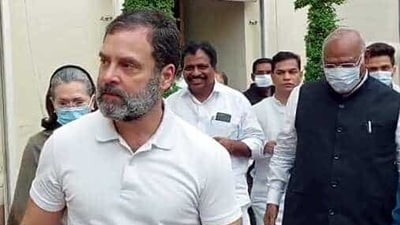 UPA Chairperson Sonia Gandhi, Congress leader Rahul Gandhi and Leader of Opposition in Rajya Sabha and party President Mallikarjun Kharge come out after attending the meeting of party MPs at the party office, Parliament premises, in New Delhi on Friday. (ANI Photo) (AICC) UPA Chairperson Sonia Gandhi, Congress leader Rahul Gandhi and Leader of Opposition in Rajya Sabha and party President Mallikarjun Kharge come out after attending the meeting of party MPs at the party office, Parliament premises, in New Delhi on Friday. (ANI Photo) (AICC)