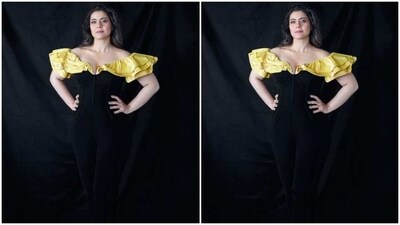 Kajol looked every bit gorgeous in the black jumpsuit featuring corset details and off-shoulder patterns. The jumpsuit added more oomph and the necessary pop of colours in yellow as it came in frilled patterns at the off shoulders, adding layers to the neckline. (Instagram/@kajol) Kajol looked every bit gorgeous in the black jumpsuit featuring corset details and off-shoulder patterns. The jumpsuit added more oomph and the necessary pop of colours in yellow as it came in frilled patterns at the off shoulders, adding layers to the neckline. (Instagram/@kajol)