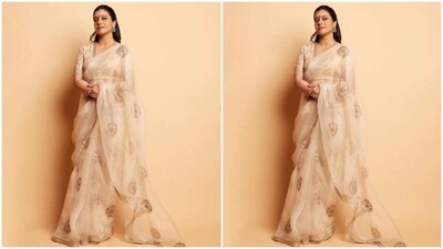 Here’s a picture of Kajol looking gorgeous in an ivory white organza saree with golden minimal patterns, and a matching blouse. (Instagram/@kajol) Here’s a picture of Kajol looking gorgeous in an ivory white organza saree with golden minimal patterns, and a matching blouse. (Instagram/@kajol)