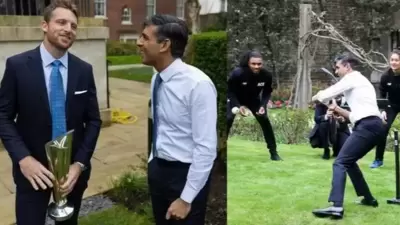 Rishi Sunak Plays Cricket: UK PM Rishi Sunak was seen playing cricket. Rishi Sunak Plays Cricket: UK PM Rishi Sunak was seen playing cricket.