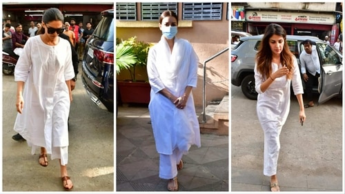 Deepika Padukone, Dia Mirza and Rhea Chakraborty arrive to pay their respects.