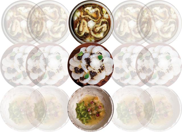 (Top to bottom) Lupa’s plant-based pinwheel lasagna; Noon’s buckwheat tartlets with slow-roasted turnips, goat cream and black garlic; Masque’s star fruit kanji with kohlrabi and aam papad. (Top to bottom) Lupa’s plant-based pinwheel lasagna; Noon’s buckwheat tartlets with slow-roasted turnips, goat cream and black garlic; Masque’s star fruit kanji with kohlrabi and aam papad.