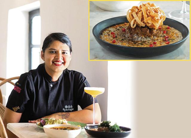Radhika Khandelwal aims to eliminate waste entirely, using all parts of produce like in this sabudana risotto with jungle maas and black lime. (Daniel D’Souza) Radhika Khandelwal aims to eliminate waste entirely, using all parts of produce like in this sabudana risotto with jungle maas and black lime. (Daniel D’Souza)