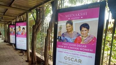 A billboard featuring Oscar winner Kartiki Gonsalves and Guneet Monga. (Photo: Chetna Keer) A billboard featuring Oscar winner Kartiki Gonsalves and Guneet Monga. (Photo: Chetna Keer)