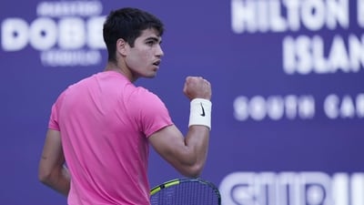 Carlos Alcaraz, of Spain, celebrates a point against Facundo Bagnis (AP) Carlos Alcaraz, of Spain, celebrates a point against Facundo Bagnis (AP)