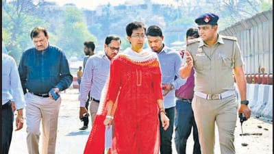 PWD Minister Atishi inspects the Chirag Delhi flyover on Saturday. (HT Photo) PWD Minister Atishi inspects the Chirag Delhi flyover on Saturday. (HT Photo)
