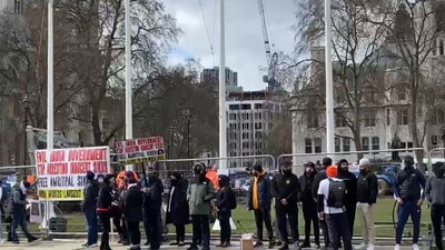 Pro-Khalistan leaders and supporters during a protest at Parliament Square, in London, Saturday. (PTI Photo)