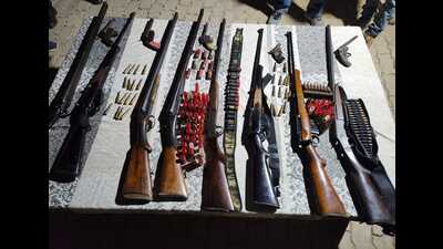 Recovered weapons during the raid on Abdul Kavi’s father-in-law’s residence in Kaushambi on Saturday (HT)
