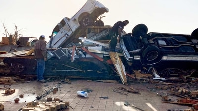 Tornadoes tore through Mississippi on Friday night, destroying buildings and knocking out power as severe weather produced hail the size of golf balls moved through several southern states. (AP) Tornadoes tore through Mississippi on Friday night, destroying buildings and knocking out power as severe weather produced hail the size of golf balls moved through several southern states. (AP)