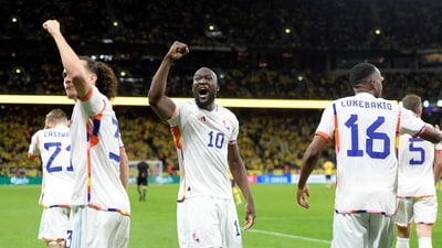 Belgium's Romelu Lukaku (10) celebrates scoring his second goal during the Euro 2024 group F qualifying soccer match between Sweden and Belgium (AP) Belgium's Romelu Lukaku (10) celebrates scoring his second goal during the Euro 2024 group F qualifying soccer match between Sweden and Belgium (AP)