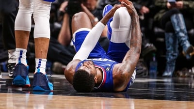 Los Angeles Clippers forward Paul George lies on the court after an injury during the second half of an the team's NBA basketball game against the Oklahoma City Thunder on Tuesday, March 21, 2023, (AP) Los Angeles Clippers forward Paul George lies on the court after an injury during the second half of an the team's NBA basketball game against the Oklahoma City Thunder on Tuesday, March 21, 2023, (AP)
