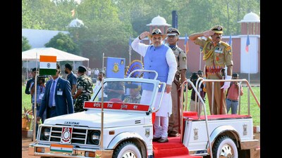 Union home minister Amit Shah accorded a Guard of Honour during the 84th Raising Day of CRPF, at Jagdalpur in Bastar on Saturday. (ANI/ PIB) Union home minister Amit Shah accorded a Guard of Honour during the 84th Raising Day of CRPF, at Jagdalpur in Bastar on Saturday. (ANI/ PIB)