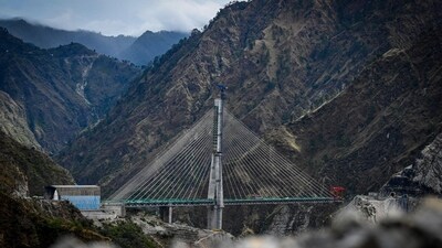A view of the under construction Anji Bridge during its media preview at Reasi District near J&K's Katra. (Sanchit Khanna/ Hindustan Times) A view of the under construction Anji Bridge during its media preview at Reasi District near J&K's Katra. (Sanchit Khanna/ Hindustan Times)