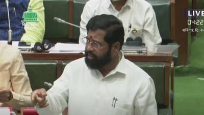 Maharashtra chief minister and Shiv Sena leader Eknath Shinde speaks in state assembly. Maharashtra chief minister and Shiv Sena leader Eknath Shinde speaks in state assembly.
