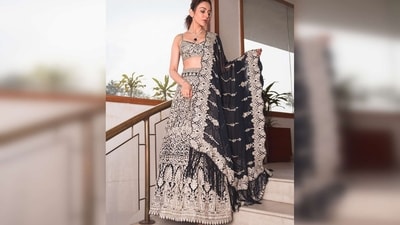 Rakul Preet's lehenga set features all-over silver zari embroidery with a touch of sparkle. (Instagram/@rakulpreet) Rakul Preet's lehenga set features all-over silver zari embroidery with a touch of sparkle. (Instagram/@rakulpreet)