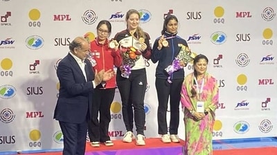 Manu Bhaker finished third in the four-woman final of the 25m pistol event (Twitter/realmanubhaker) Manu Bhaker finished third in the four-woman final of the 25m pistol event (Twitter/realmanubhaker)