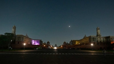 View of Rashtrapati Bhawan south and North block after its lights were switched off for an hour marking "Earth Hour" to save energy, in New Delhi, on Saturday. ( Raj K Raj/ Hindustan Times)