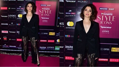 Tamannaah Bhatia chose a sizzling all-black outfit, which included a blazer and netted pants. (HT Photo/Varinder Chawla)