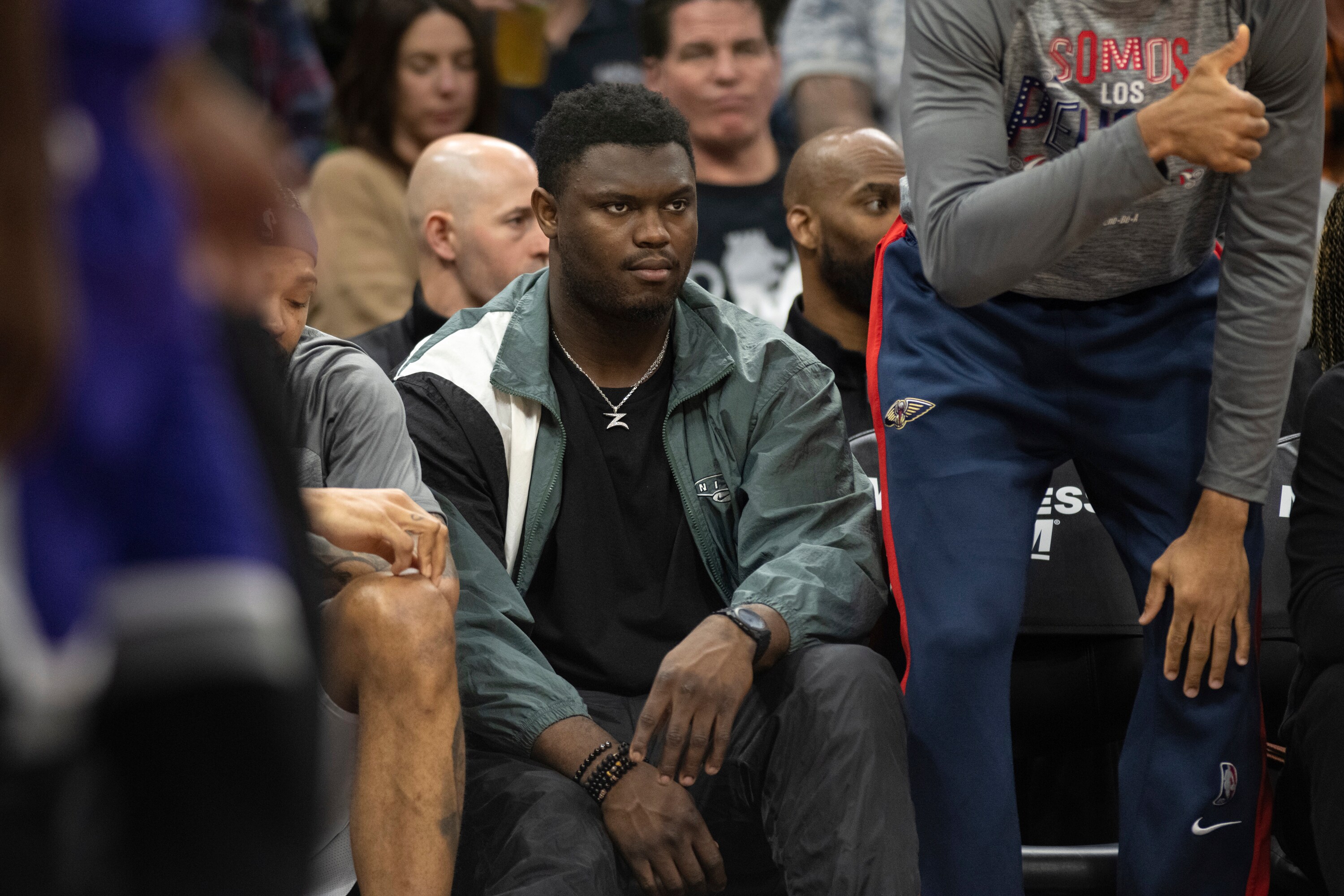 New Orleans Pelicans Zion Williams watches the game from the visiting bench in the second half of an NBA basketball game against the Sacramento Kings in Sacramento, Calif., Monday, March 6, 2023. (AP) New Orleans Pelicans Zion Williams watches the game from the visiting bench in the second half of an NBA basketball game against the Sacramento Kings in Sacramento, Calif., Monday, March 6, 2023. (AP)