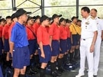 Navy’s chief of personnel Vice Admiral Dinesh Tripathi interacting with women Agniveers at INS Chilka (Photo: Indian Navy) Navy’s chief of personnel Vice Admiral Dinesh Tripathi interacting with women Agniveers at INS Chilka (Photo: Indian Navy)