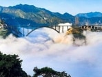 The Chenab railway bridge lies between Bakkal and Kauri in the Reasi district. (Twitter) The Chenab railway bridge lies between Bakkal and Kauri in the Reasi district. (Twitter)