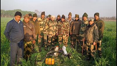 Amritsar: BSF personnel after shooting down a Pakistani drone entering India from along the International Border in Punjab, near Amritsar, Friday, Feb 3, 2023. (PTI Photo) (PTI02_03_2023_000014B) (PTI) Amritsar: BSF personnel after shooting down a Pakistani drone entering India from along the International Border in Punjab, near Amritsar, Friday, Feb 3, 2023. (PTI Photo) (PTI02_03_2023_000014B) (PTI)