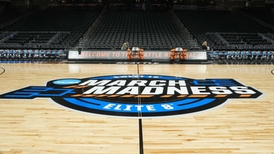 The March Madness Sweet 16 and Elite 8 logo at center court at Climate Pledge Arena. (USA TODAY Sports)
