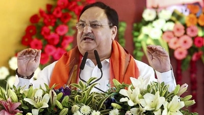 BJP National President JP Nadda addresses the  party's Booth President Sammelan, at Motilal Nehru Police Stadium in Bhopal. (PTI)