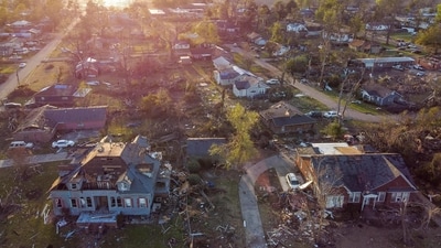 Aerial view of a destroyed neighborhood in Rolling Fork, Mississippi, after a tornado touched down in the area March 25, 2023. (AFP) Aerial view of a destroyed neighborhood in Rolling Fork, Mississippi, after a tornado touched down in the area March 25, 2023. (AFP)