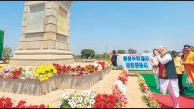 Union home minister Amit Shah during the inauguration of Gorata Shaheed Smarak and Sardar Patel Memorial, in Bidar on Sunday. (ANI)
