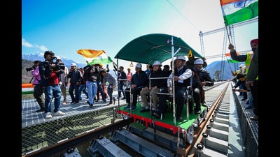 Union minister Ashwini Vaishnaw on Sunday hoped that trains to Kashmir, including ‘Vande Bharat’, may start chugging on the Udhampur-Srinagar-Baramulla rail link (USBRL) project by January next year. (Sanchit Khanna/ HT) Union minister Ashwini Vaishnaw on Sunday hoped that trains to Kashmir, including ‘Vande Bharat’, may start chugging on the Udhampur-Srinagar-Baramulla rail link (USBRL) project by January next year. (Sanchit Khanna/ HT)
