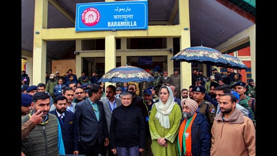 Union railways minister Ashwini Vaishnaw during his visit to Baramulla railway station in Jammu and Kashmir on Saturday. (PTI) Union railways minister Ashwini Vaishnaw during his visit to Baramulla railway station in Jammu and Kashmir on Saturday. (PTI)