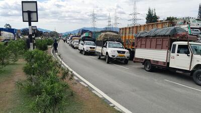 Vehicles stuck in a traffic jam amid closure of Jammu-Srinagar highway due to landslide, in Udhampur on Saturday. (ANI photo) Vehicles stuck in a traffic jam amid closure of Jammu-Srinagar highway due to landslide, in Udhampur on Saturday. (ANI photo)