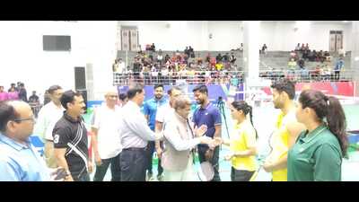 Winners of the para-badminton championships were felicitated on Sunday. (HT Photo)