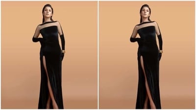 Shehnaaz looked every bit gorgeous in the black bodycon gown featuring transparent details at the shoulders. It came with full sleeves and a thigh high slit. (Instagram/@shehnaazgill) Shehnaaz looked every bit gorgeous in the black bodycon gown featuring transparent details at the shoulders. It came with full sleeves and a thigh high slit. (Instagram/@shehnaazgill)