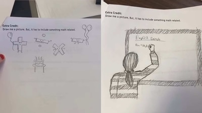 A screengrab from the video. It captures students' math-related drawings. (Instagram/@teachwithtrish) A screengrab from the video. It captures students' math-related drawings. (Instagram/@teachwithtrish)