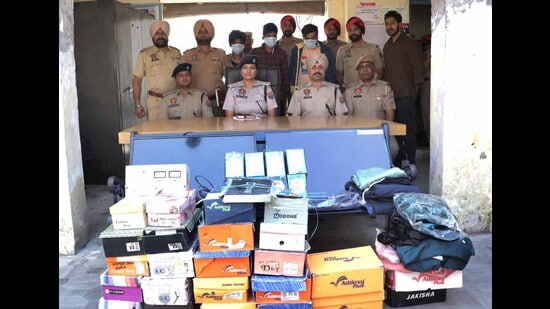 The three accused in the custody of Haibowal police in Ludhiana on Sunday. (Gurpreet Singh/HT)