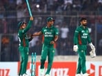 Bangladesh players celebrate after winning the match 